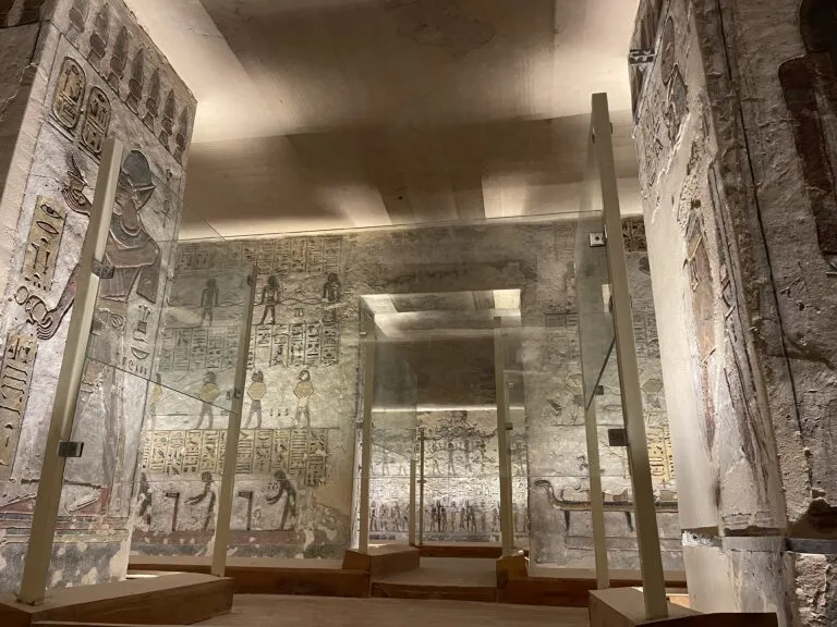 underground tomb with a wall with drawings on it in Valley of the Kings.