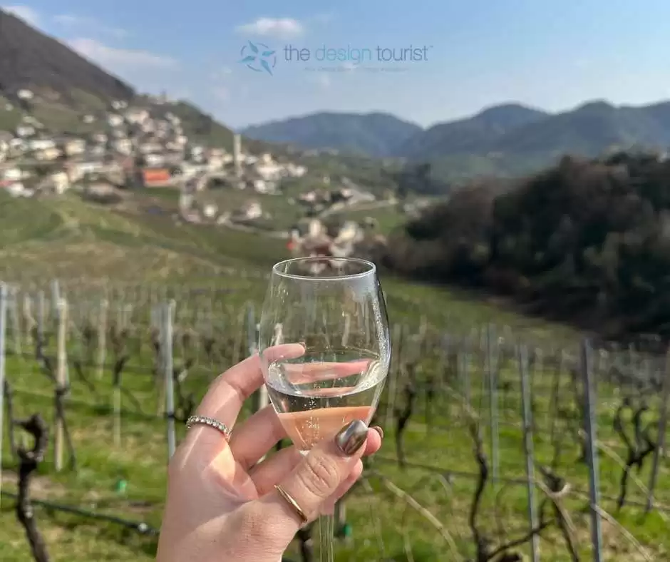 a glas of wine with prosecco vineyard as background.