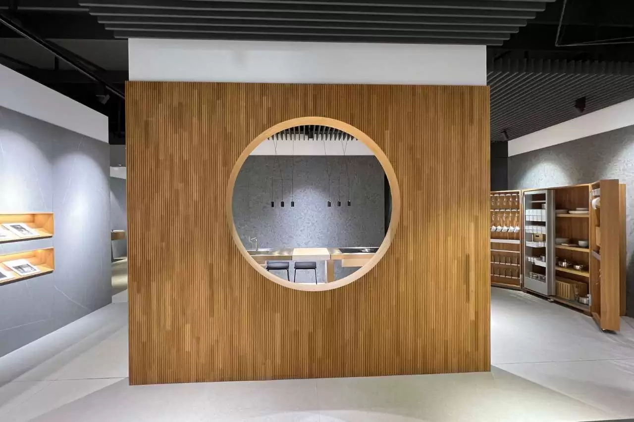 A wood look tile design with a circular window at the middle.